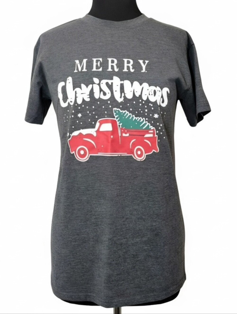 Merry Christmas Red Truck Graphic Tee Shirt Charcoal Gray M Stretch